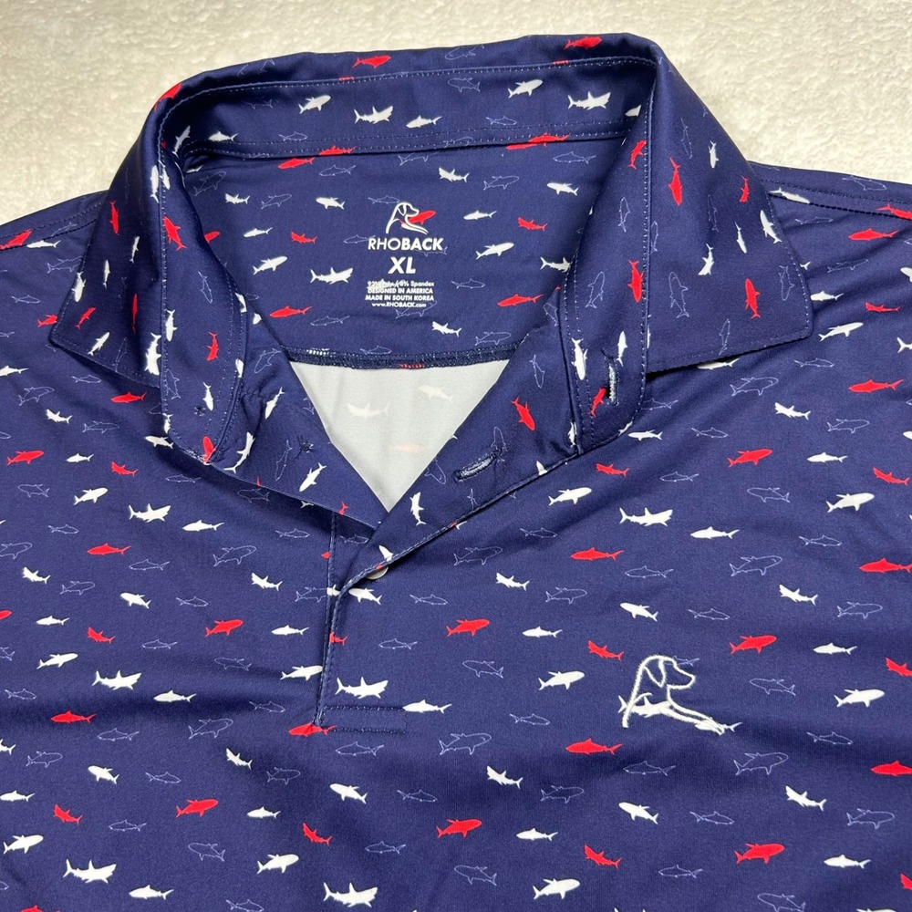 Rhoback The Great White Performance Polo Mens XL Navy Shark Print Golf Shirt